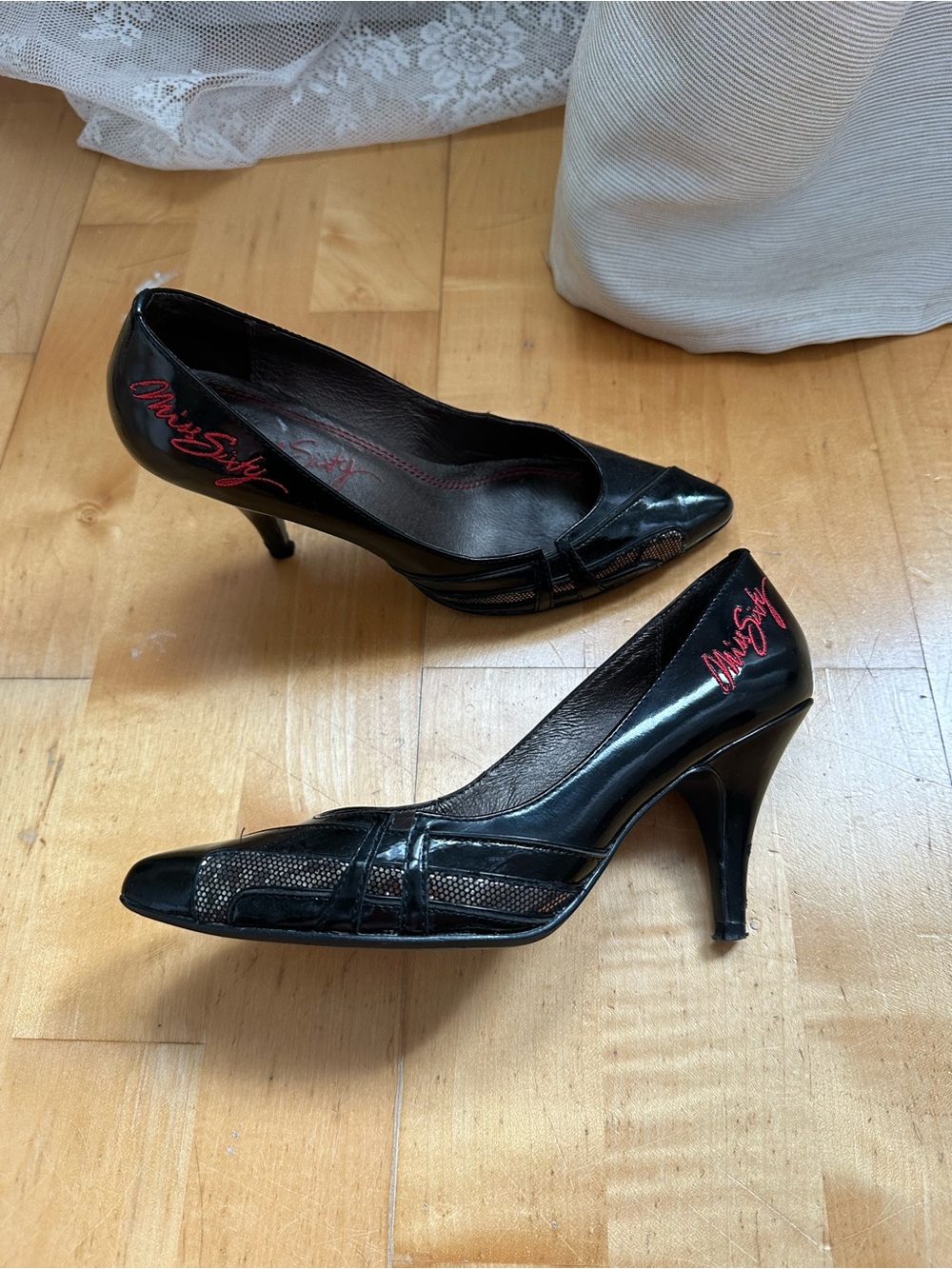 Miss Sixty Black Pointed Toe Heels with Red Logo Accent